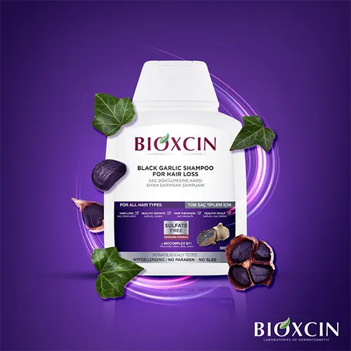 شامپو BIOXCIN مدل Black garlic مخصوص ریزش مو، تقویت ریشه مو و مناسب برای همه انواع مو