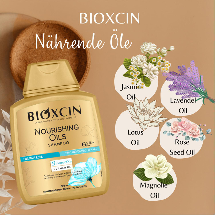 شامپو BIOXCIN مدل Nourishing oils مخصوص ریزش مو، تقویت و بازسازی موهای آسیب دیده