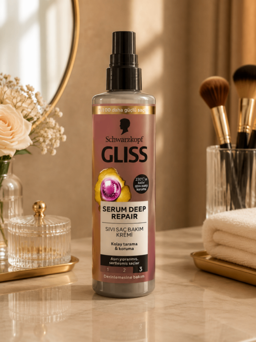 اسپری موی دوفاز GLISS مدل SERUM DEEP REPAIR با خواص نرم کنندگی و ترمیم موها