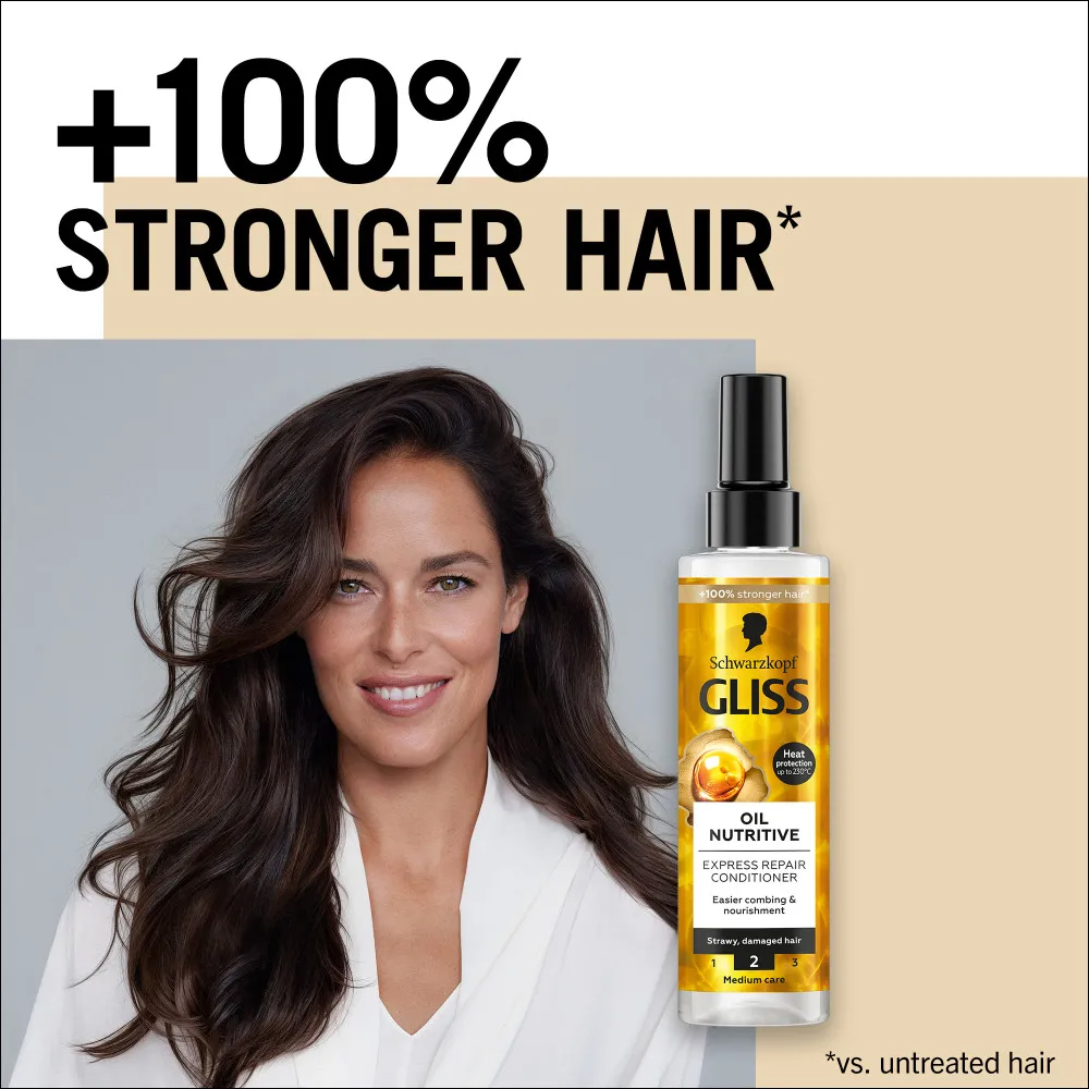 اسپری موی دوفاز GLISS مدل OIL NUTRITIVE جهت درخشندگی و استحکام مو حاوی امگا ۹ و روغن مارولا