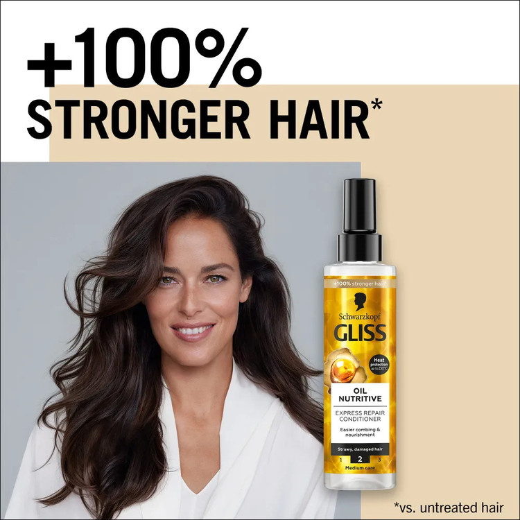 اسپری موی دوفاز GLISS مدل OIL NUTRITIVE جهت درخشندگی و استحکام مو حاوی امگا ۹ و روغن مارولا