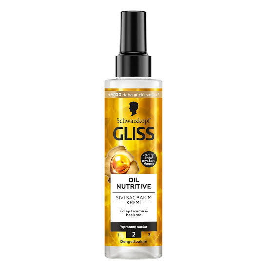 اسپری موی دوفاز GLISS مدل OIL NUTRITIVE جهت درخشندگی و استحکام مو حاوی امگا ۹ و روغن مارولا